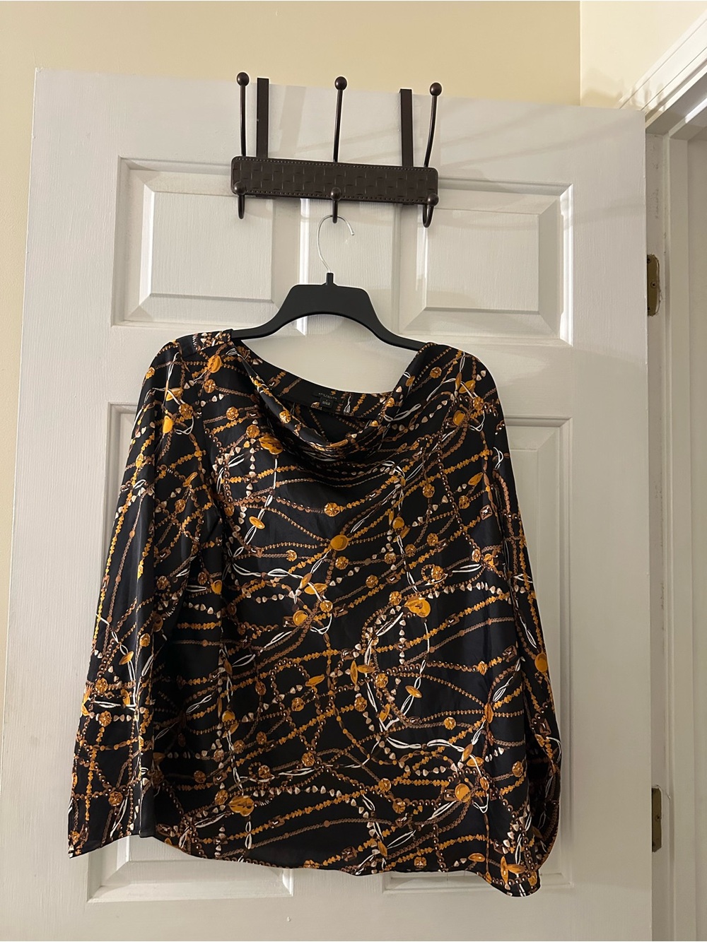 Ann Taylor Black Blouse with Gold Chain Print